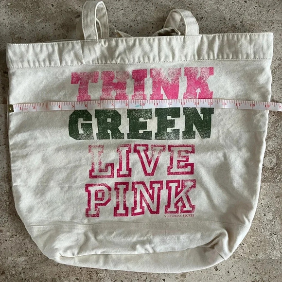 VINTAGE VICTORIA SECRET PINK CANVAS “THINK GREEN LIVE PINK” LOGO TOTE BAG - Picture 2 of 7